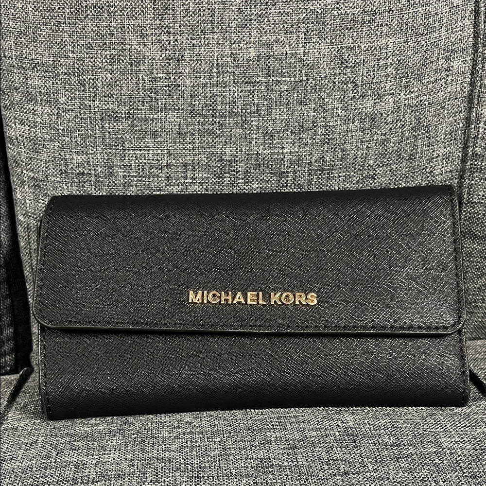 Michael Kors Black Textured Wallet with Gold Logo